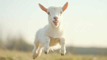 Playful young goat leaping in a sunny field, vibrant green grass, lively and energetic scene, perfect for nature themes.
