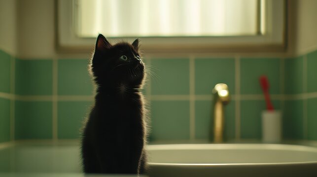 A black cat stands attentively in a bathroom, gazing upward as gentle light streams in through a window. The cat's curiosity fills the serene setting - Powered by Adobe