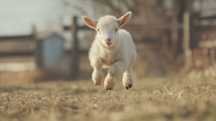 Obraz premium Playful goat frolicking in a sunny meadow, white fur glistening, surrounded by lush grass and rustic wooden fence, perfect for nature themes.
