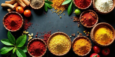 Aromatic Spice Collection Diverse Culinary Herbs and Spices Arranged Artistically on a Dark Surface