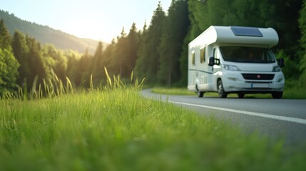 A motorhome drives on a winding road surrounded by lush green trees and grass, illuminated by the soft glow of the evening sun in a tranquil countryside setting