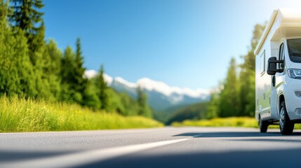 A recreational vehicle is parked on a quiet road surrounded by dense forests and majestic mountains under a bright blue sky, setting the stage for an adventurous getaway