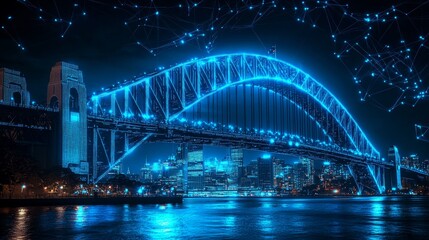 Obraz premium Sydney Harbour Bridge at Night with City Skyline and Futuristic Digital Network Overlay