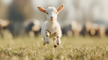 Fototapeta premium Energetic goat jumping in a sunny pasture, playful young animal surrounded by grazing sheep, lively farm scene.
