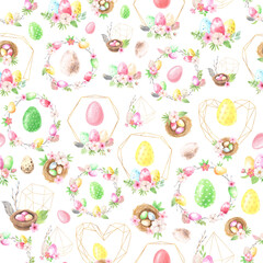Seamless pattern with watercolor easter basket and colorful eggs