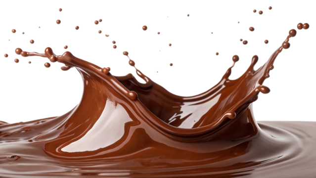 Velvety chocolate splashing dynamically, creating a smooth, fluid motion with elegant curves and droplets suspended in mid-air isolated on white background. Suitable for marketing or business purposes