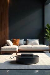 Modern minimalist living room with a wireless charging station on a stylish side table