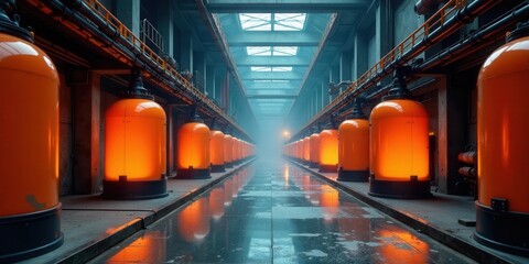 Industrial Facility with Glowing Orange Cylindrical Containers in a Long Hallway
