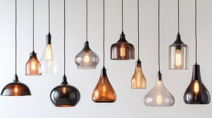 Obraz premium A symphony of light, where pendant lights of varying shapes and styles, from sleek and modern to rustic and whimsical, hung in an eclectic display against a pristine white backdrop, creating a