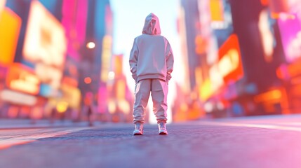 Fototapeta premium Person in a hoodie walking on vibrant street, colorful billboards and lights, energized urban atmosphere, copy-space available.