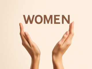 Fototapeta premium Two hands are raised gently to support the word women, symbolizing empowerment and solidarity. The neutral background enhances the focus on the message of unity and strength