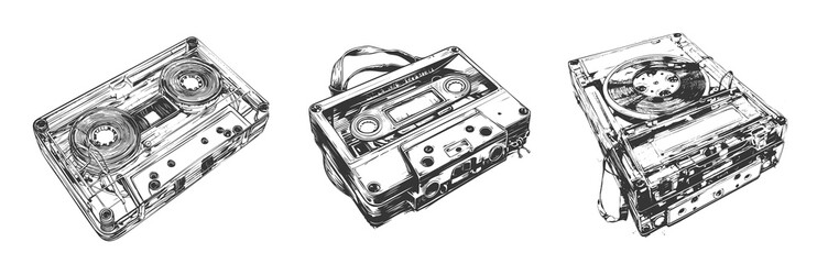 Vintage cassette tape and retro tape recorder hand-drawn in black and white ink sketch, featuring detailed transparent cases, magnetic tape reels, and classic audio equipment in a nostalgic style.