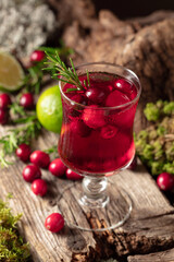 Refreshing cranberry hard seltzer with lime, rosemary, and ice.