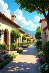 Obraz premium Sun-Drenched Pathway Through a Row of Charming Mediterranean-Style Homes with Lush Gardens and Vibrant Blooms
