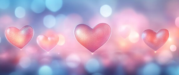 Fototapeta premium Soft-focused bokeh lights in heart shapes create a dreamy backdrop, perfect for Valentine's Day designs, romantic events, or wedding stationery.