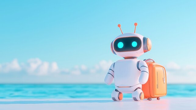 Robot AI Vacation Assistant, innovative trip planning tool, enhances travel experiences with personalized itineraries, set against a minimalist backdrop for effortless usability
