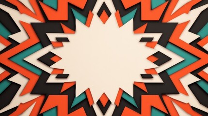 Fototapeta premium Vivid geometric shapes in orange, black, and teal create a striking visual pattern. The dynamic design features sharp angles and a central blank space for text or artwork