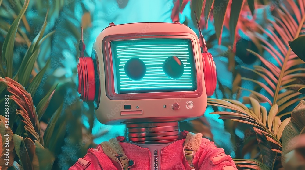 Poster vibrant ai-driven robot exploring dynamic destinations, engaging insights and unique travel ideas, b