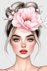 Naklejka premium Pastel Pink Flower Crown Woman Portrait Digital Art
