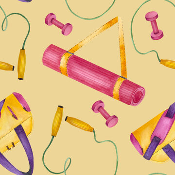 Seamless pattern with women sports equipment. Jump rope, yoga mat, pink dumbbells and sports bag. Bright watercolor illustration on yellow background. For packaging fitness gifts, wrapping paper