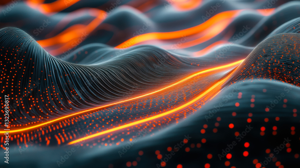 Poster abstract design of flowing waves illuminated with glowing orange lines in a dark atmosphere during a
