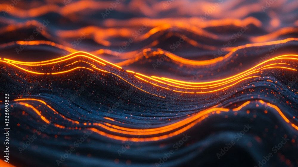 Poster abstract design of flowing waves illuminated with glowing orange lines in a dark atmosphere during a