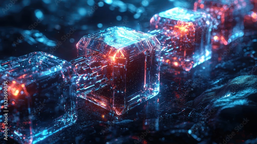 Poster interconnected glowing cubes symbolizing digital networks and technology