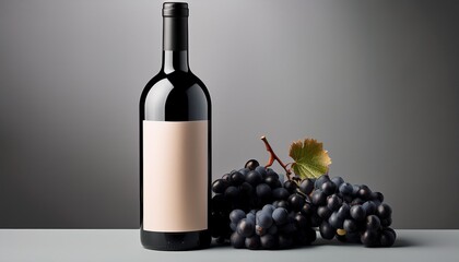 Obraz premium A modern mockup featuring a wine bottle next to dark grapes, set against a subtle gray gradient background, creating an elegant and refined atmosphere, ideal for wine branding and product presentation
