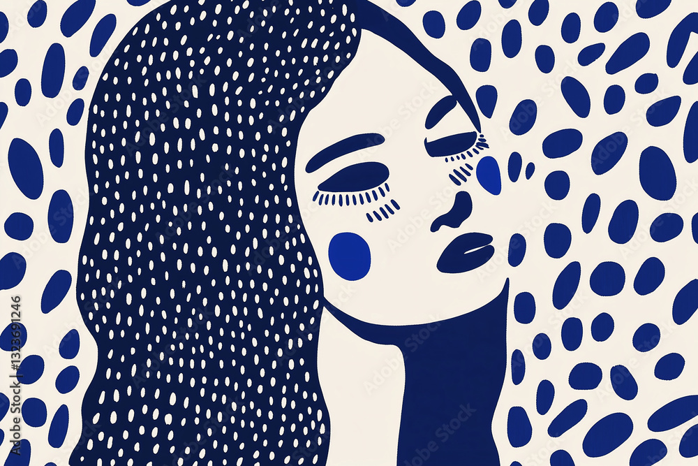 Poster abstract portrait in indigo: an artistic depiction of a woman's face in indigo and white hues. the i