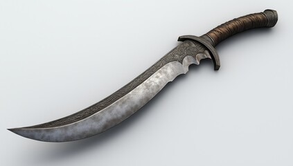 Obraz premium Ancient curved dagger with a textured handle and a sharp blade. Generative AI