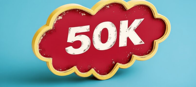 Red Cloud with 50K Text, Celebrating 50000 Followers or Subscribers, Isolated on Blue Background