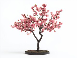 Pink Cherry Blossom Bonsai Tree on White Background