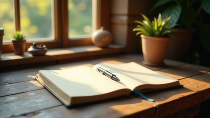Open Notebook and Pen Resting on Wooden Surface near Window with Sunlight