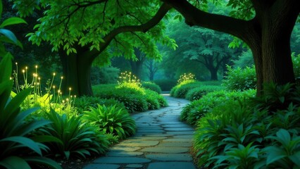 Serene Garden Path Illuminated by Soft Night Lights, Winding Through Lush Greenery Under the Canopy of Majestic Trees, Creating a Tranquil and Peaceful Atmosphere