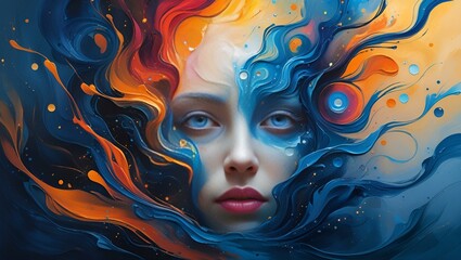 Fractal beauty's painted eyes reflect a carnival of abstract color