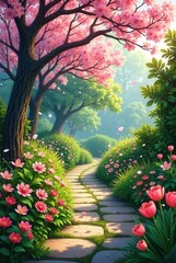 A Serene Garden Path Winding Through Blossoming Trees and Vibrant Flowers Under a Soft Sunlight