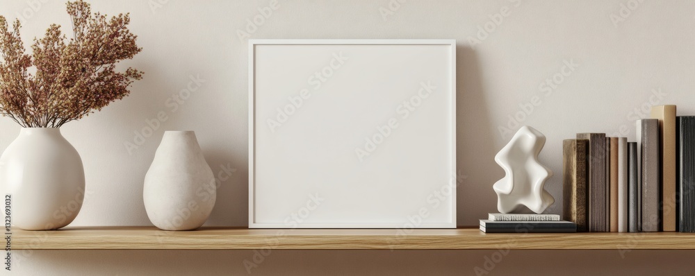 Poster a minimalist shelf displaying decorations and an empty picture frame
