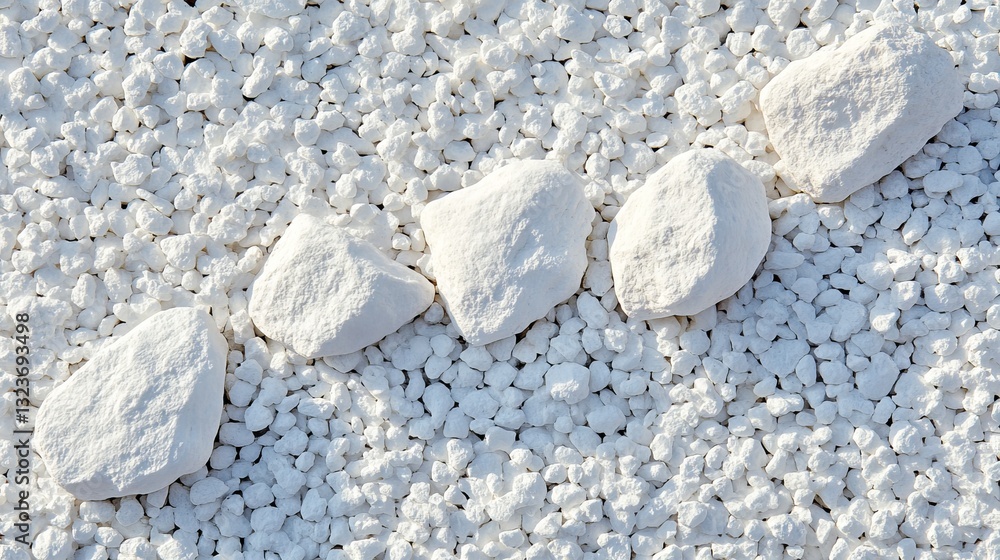 Poster white gravel background with row of five stones increasing size, minimal design element.