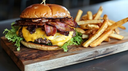 A close-up of a gourmet cheeseburger with melted cheese, crispy bacon, and fresh lettuce, served on a wooden platter with fries