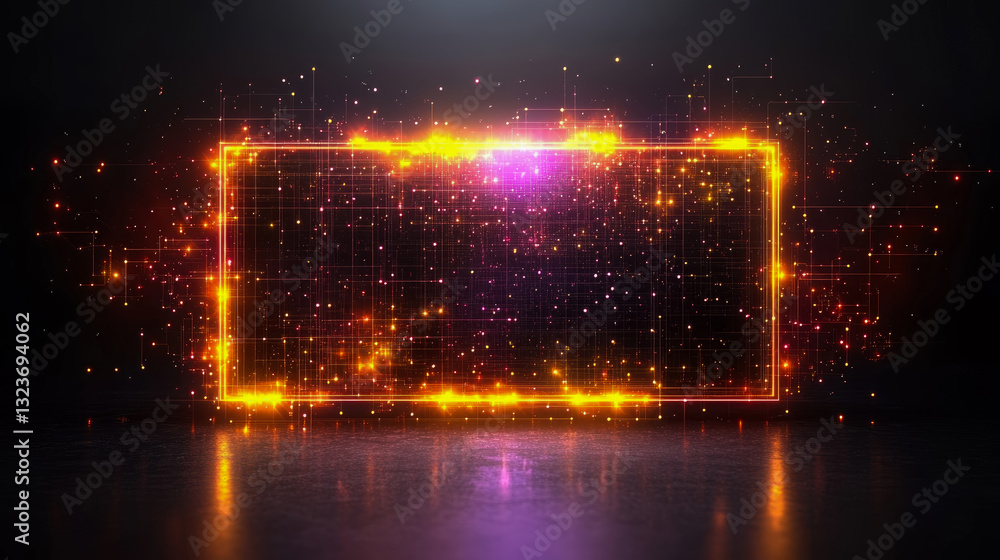 Poster futuristic technology concept: luminous rectangular frame with glowing network on dark surface
