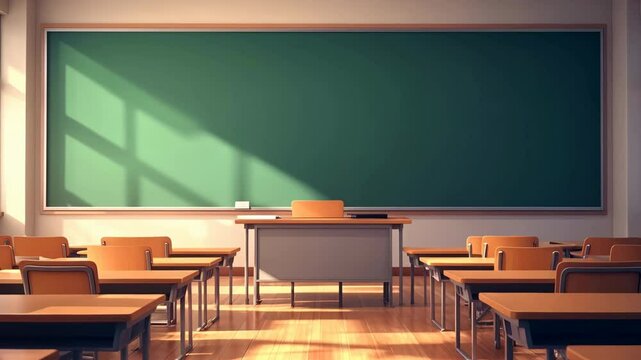 Cinematic camera movement forward shot of empty school classroom or university auditorium. Sun shines on green blackboard for learning or for your inscription. Generative Ai
