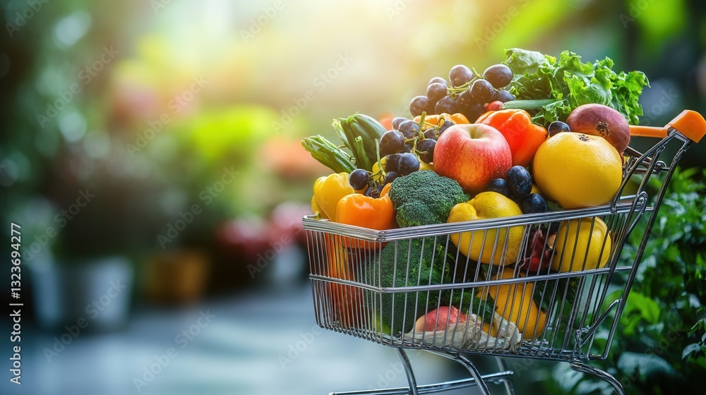 Poster modern shopping cart filled with colorful fresh produce and groceries in a bright setting