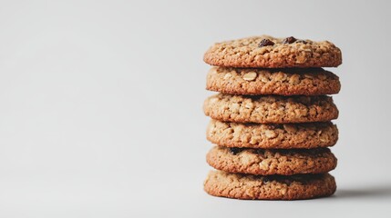 A stack of golden-brown oatmeal raisin cookies, their warm scent filling the air, rests invitingly on a pristine white background, promising a moment of pure indulgence.