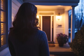 a woman standing outside of a house at dusk.
