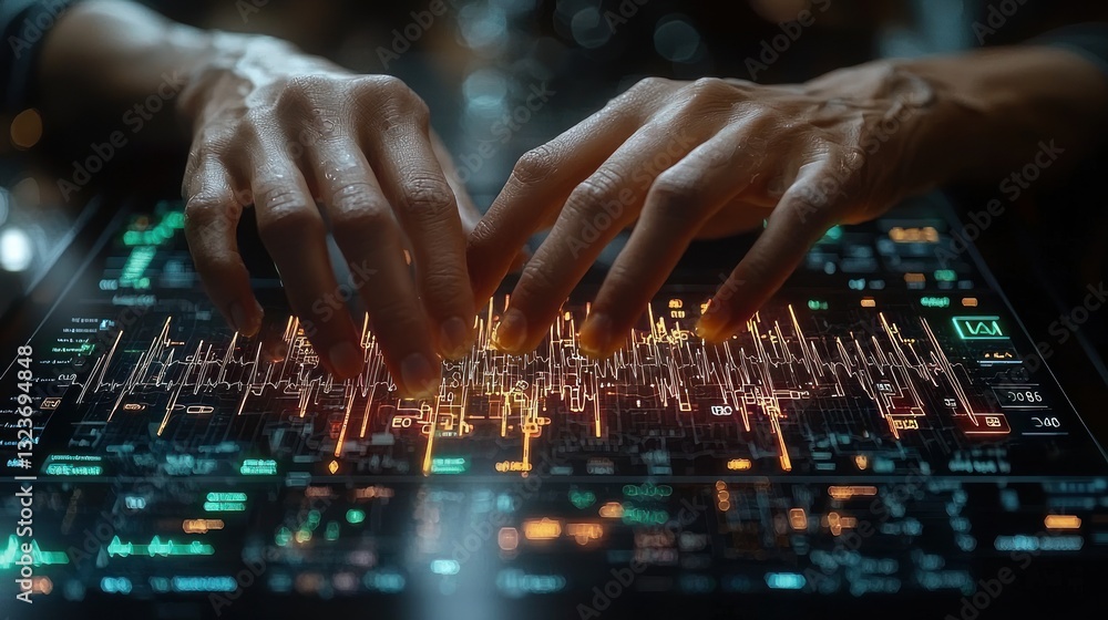 Poster fingers navigate advanced digital interface with glowing electronic data