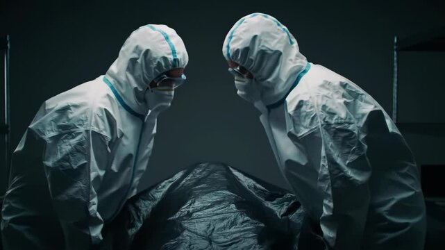 Medical workers in hazmat suits examining body bag, morgue scene during pandemic emergency, healthcare professionals following contagion protocols, depicting mortality and crisis response