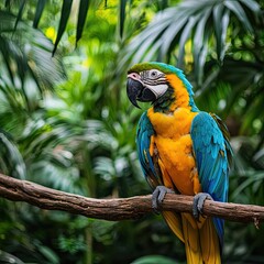 Obraz premium Vibrant scarlet macaw perched on a branch in the jungle. Exotic wildlife, tropical bird, rainforest habitat, nature beauty, colorful feathers. Generative AI.