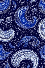 Vertical Blue bandana kerchief paisley fabric patchwork abstract seamless pattern.