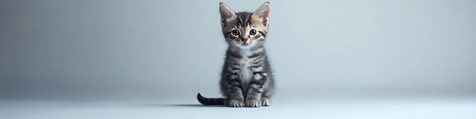 Adorable Tabby Kitten Posing on a White Seamless Background, Natural Lighting, Studio Portrait