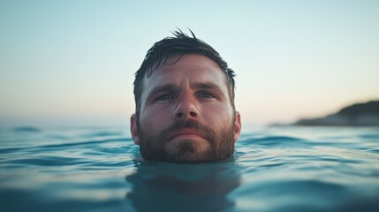 A man floats in serene ocean waters during sunset, with gentle waves surrounding him. The horizon glows softly, creating a peaceful atmosphere. His expression reflects calm and introspection